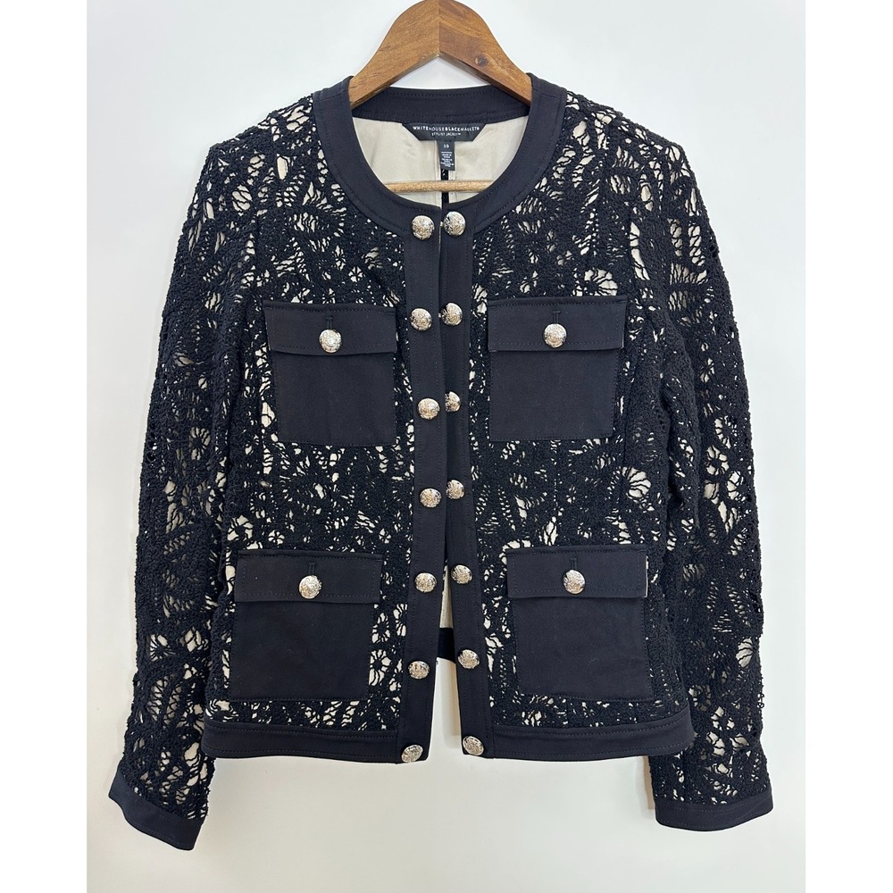 White House Black Market Stylist Jacket Black Floral Lace Crest Button Size 10 - Picture 2 of 12